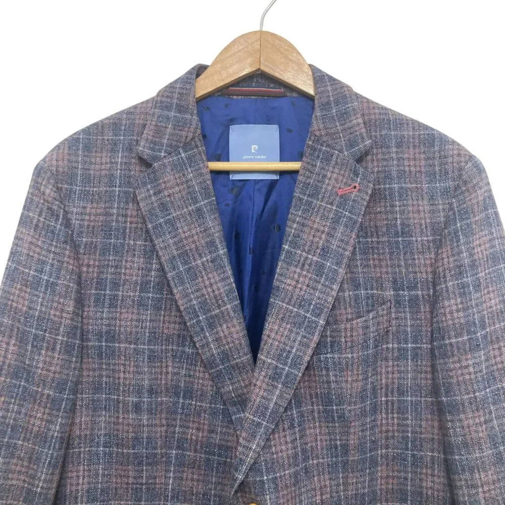 Pierre Cardin Navy Pink Plaid Wool Blend Blazer Sport Coat 42R/L